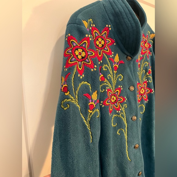 Bob Mackie Wearable Art floral embroidered quirky Boho whimsical Fleece Jacket L - Picture 8 of 11